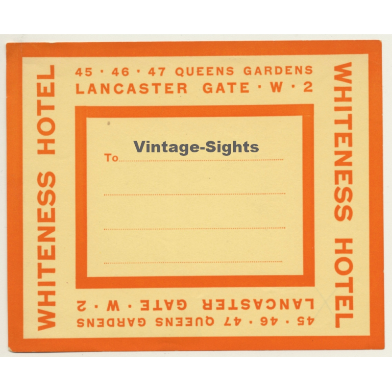 London / UK: Whiteness Hotel, Lancaster Gate (Vintage Luggage Label)