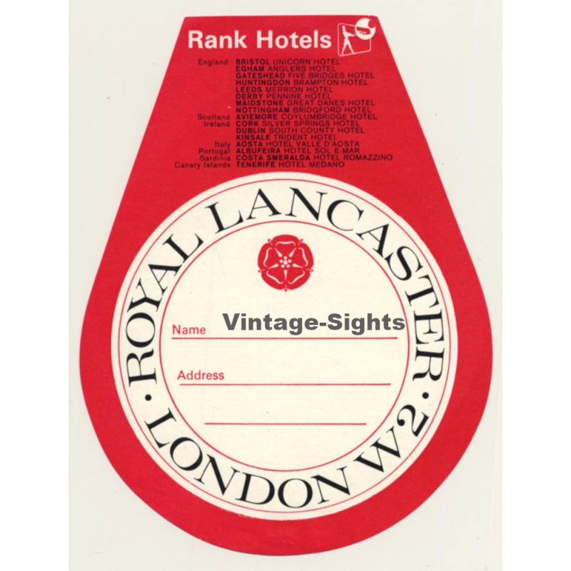 London / UK: Royal Lancaster Hotel, Rank Hotels (Vintage Luggage Label)