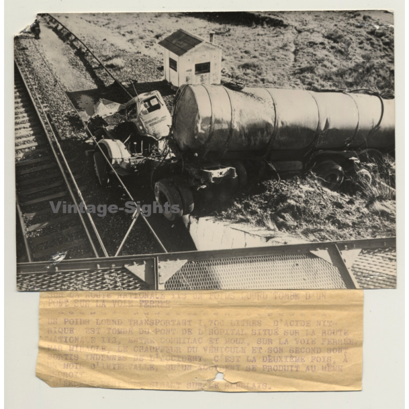 France: Lorry Crashed Of Bridge Onto Railroad / Route Nationale 113 (Vintage Press Photo ~1940s/1950s)