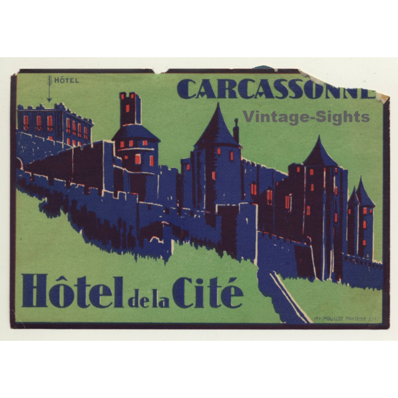 Carcassonne / France: Hotel De La Cité (Vintage Luggage Label ~1940s)