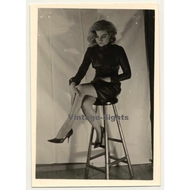 Blonde Woman In Lacquer Fetish Dress *1 / Bar Stool - BDSM (Vintage Photo ~1960s)