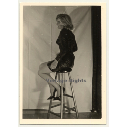 Blonde Woman In Lacquer Fetish Dress *2 / Bar Stool - BDSM (Vintage Photo ~1960s)