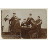Group Of Belgian Card Players Sit Around Table / Waitress (Vintage RPPC ~1910s)