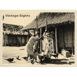 Native African Women Mashing Cassava / Chicken - Huts (Vintage Photo ~1950s/1960s)