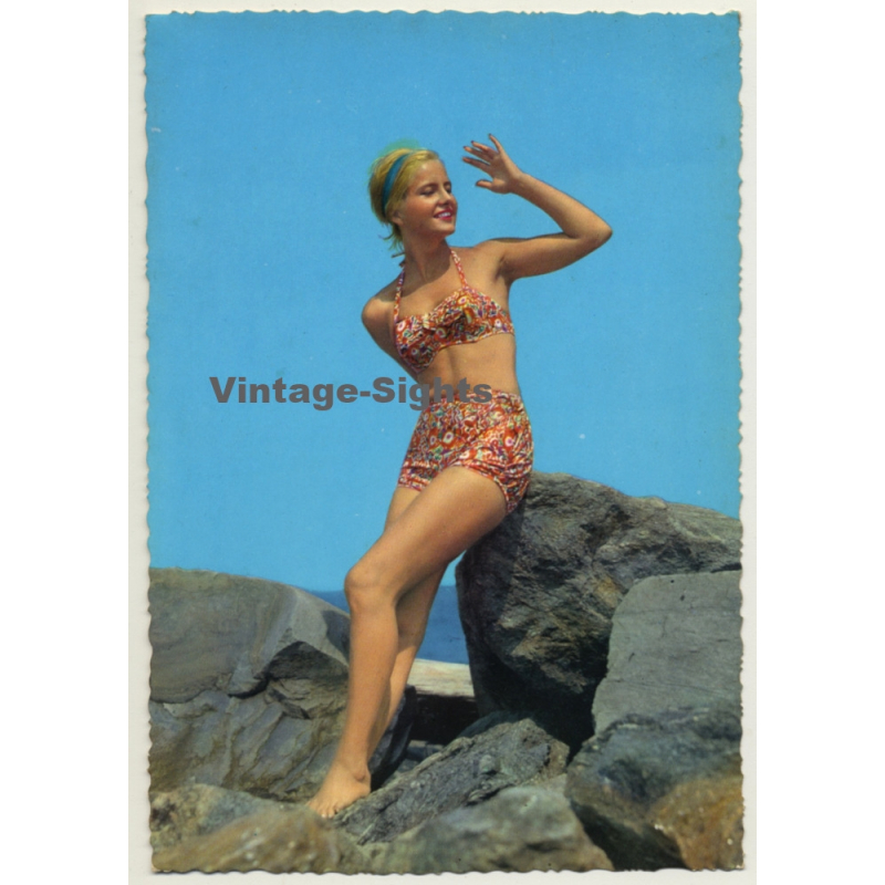 Blonde Pinup Girl Sits On Rock / Bikini (Vintage PC C.Y.Z. ~1960s)