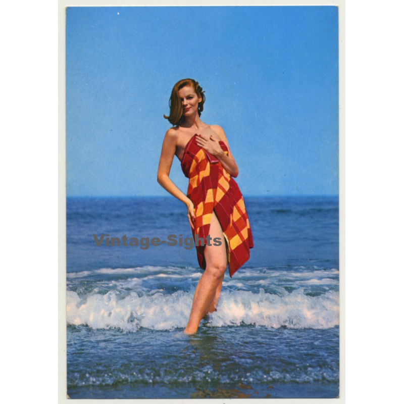 Red-haired Pinup Girl In The Surf / Towel (Vintage PC C.Y.Z. ~1960s)
