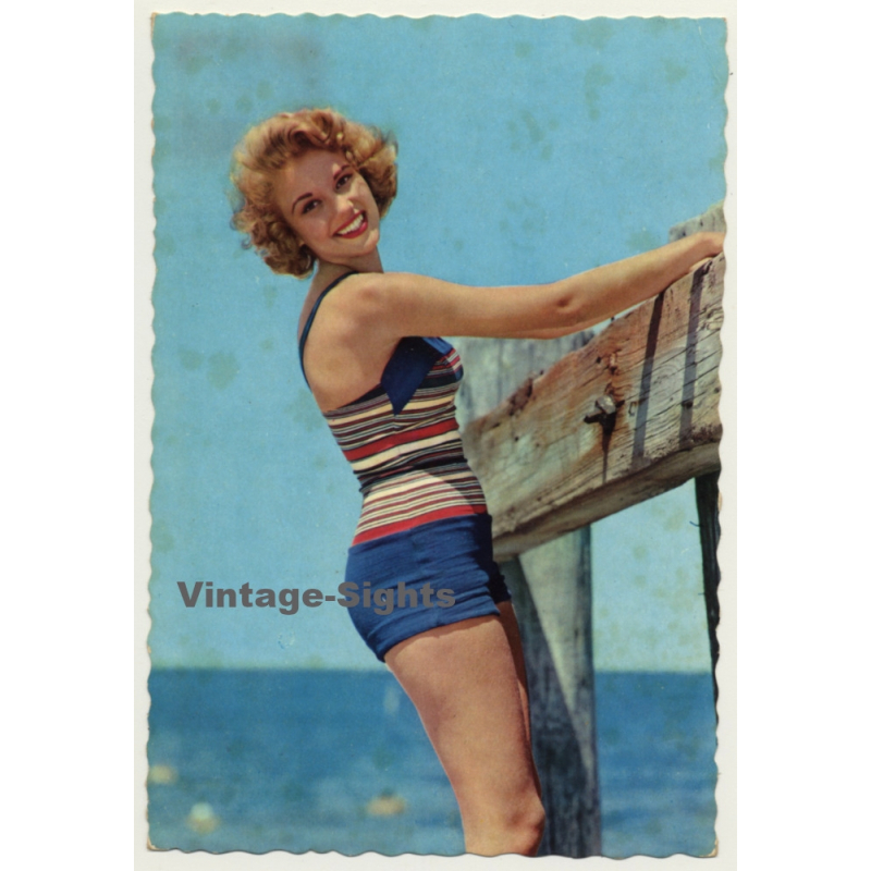 Blonde Pinup Girl At Beach / Swimsuit (Vintage PC C.Y.Z. ~1960s)