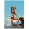 Blonde Pinup Girl In The Surf / Rocks - Swimsuit (Vintage PC C.Y.Z. ~1960s)