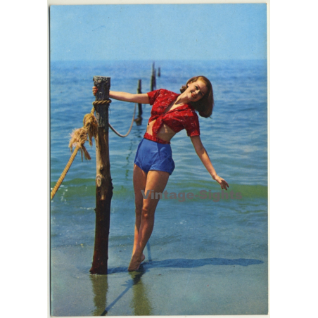 Red-haired Pinup Girl On Seashore / Beachwear (Vintage PC C.Y.Z. ~1960s)