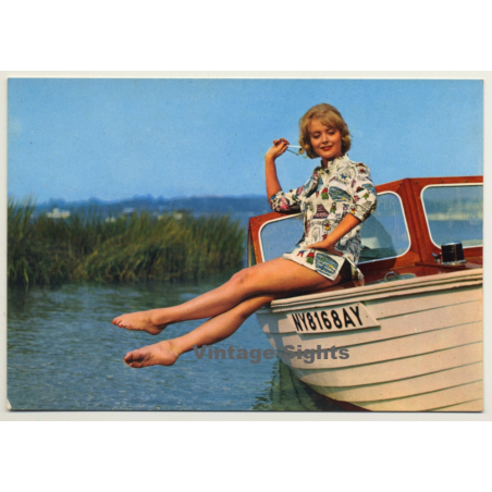 Blonde Pinup Girl Sits On Ship's Bow / Beachwear (Vintage PC C.Y.Z. ~1960s)