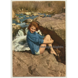 Blonde Pinup Girl On Rocks Near Stream (Vintage PC Ediciones Lux ~1960s)