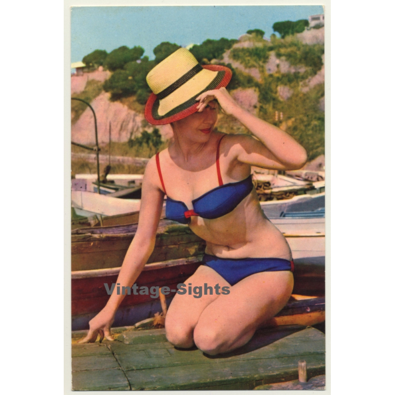 Pinup Girl On Boat Deck / Bikini - Sun Hat (Vintage PC Raker ~1960s)