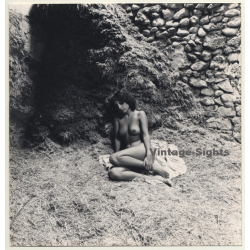 Pretty Brunette Nude On Blanket / Haystack - Stonewall (Vintage Photo Spain ~1970s/1980s)