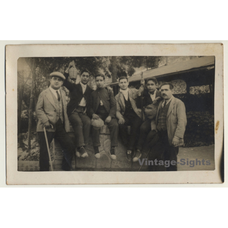 Les Planes / Barcelona: Group Of Men - Pantano De Valvidrera (Vintage RPPC 1924)