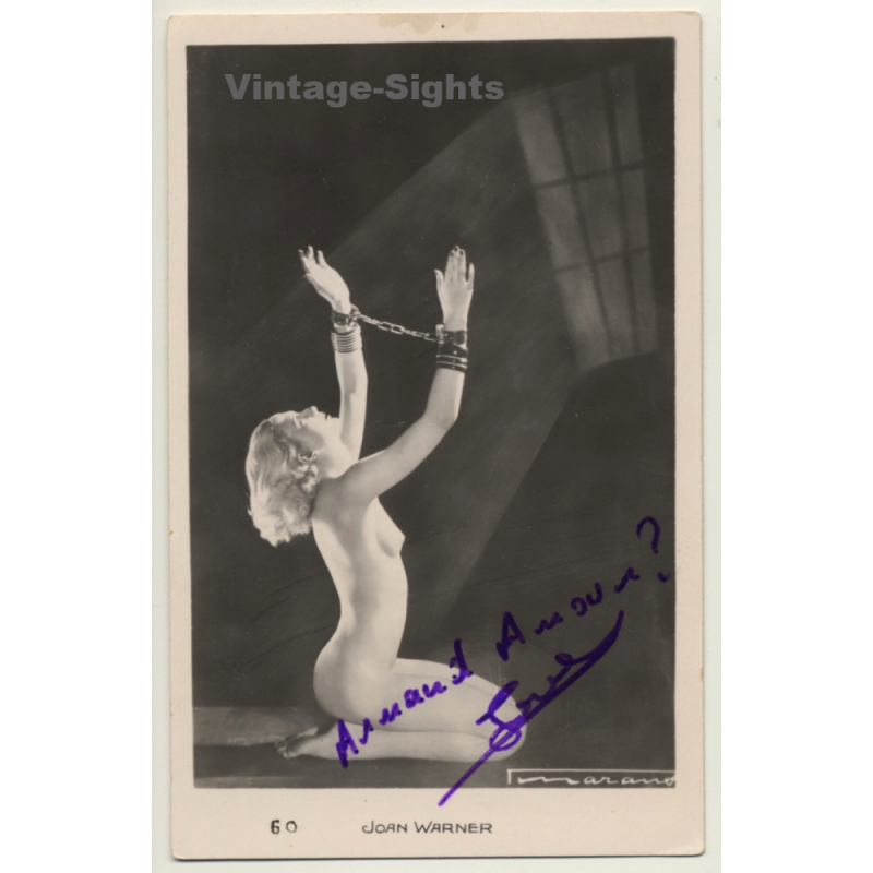 Joan Warner - Nude In Handcuffs / Boudoir - Risqué (Vintage RPPC ~1930s)