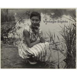 Pretty Japanese Woman At Lake Shore (Vintage Gelatin Silver Print ~1940s/1950s)