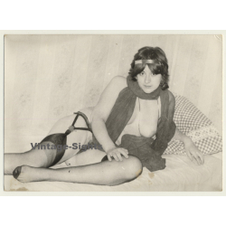 Busty Brunette Nude Lingers On Bed / Scarf - Suspenders (Vintage Photo GDR 1970s)