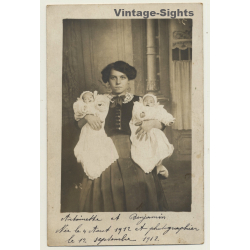 Mother & Her Fresh Born Twins / Victorian Era (Vintage RPPC France 1912)