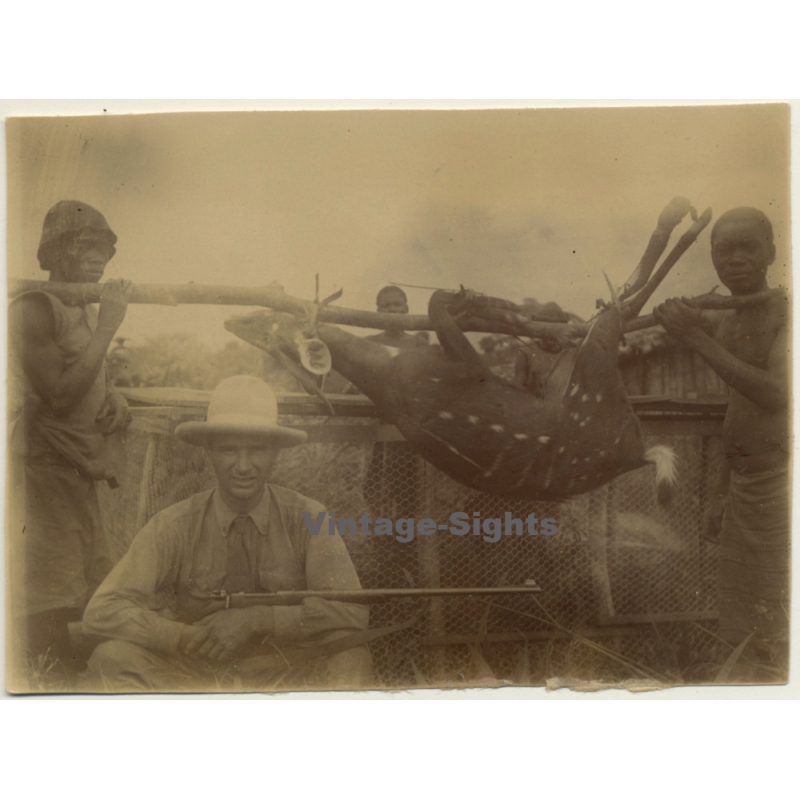 Congo-Belge: Colonial Hunter - Rifle - Indigenous & Antilope (Vintage Photo 1929)