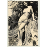 Natural Brunette Nude Leans Against Tree Trunk / Nudism (Vintage PC ~1950s)