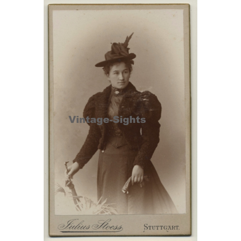 Julius Stoess / Stuttgart: Young Woman In Victorian Dress*2 / Hat (Vintage CDV / Carte De Visite ~1880s/1890s)