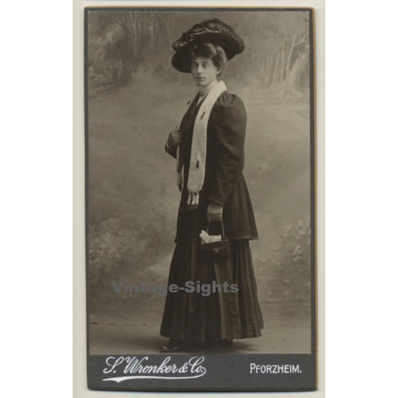 L. Wronker & Co / Pforzheim: Woman In Victorian Dress / Huge Hat (Vintage CDV / Carte De Visite ~1880s/1890s)