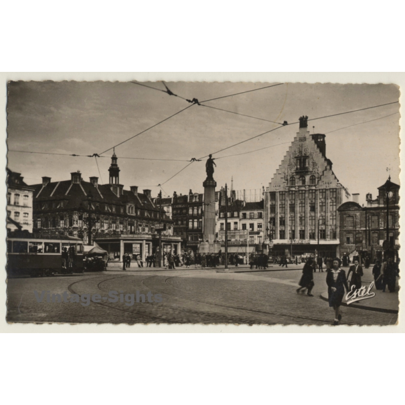 Lille / France: La Grand Place - Tram (Vintage RPPC 1948)