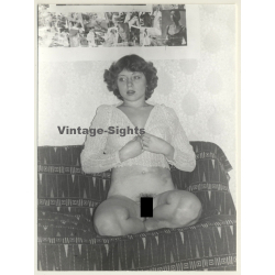 Pretty Brunette Nude *4 / On Couch - Opens Blouse (Vintage Photo GDR ~1970s/1980s)