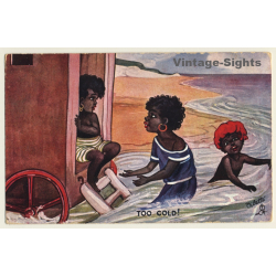 Tuck & Sons Oilette: 3 Dark Skinned Kids At Seashore (Vintage Artist PC 1906)