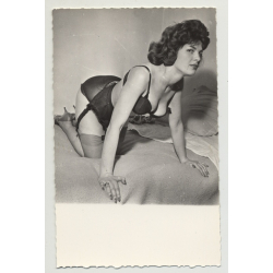 Brunette Pinup Lingers On Bed / Lingerie - Heels (Vintage Real Photo B/W ~1950s)