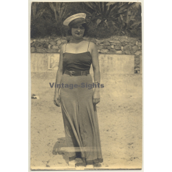 Woman In Elegant Beach Dress / Captain's Hat (Vintage Photo 1932)