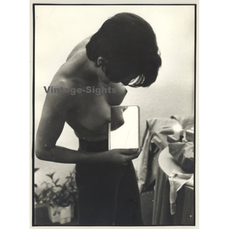 R.Folco: Semi Nude Woman Regards Boobs In Mirror / Risqué (Vintage Photo France 1970s/1980s)