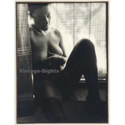 R.Folco: Natural Nude Woman On Window Ledge / Fishnets (Vintage Photo France 1980s)