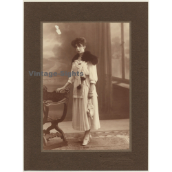 Shorthaired Woman In White Dress / Hand Bag - Fox Stola (Vintage Photo ~1910s)