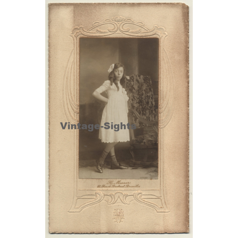 H.Messur / Bruxelles: Portrait Elegant Young Girl In White Dress (Vintage Photo ~1910s/1920s)