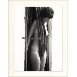 R.Folco: Nude Woman Peeks Throughs Stripe Curtain / Boobs (Vintage Photo France 1970s)