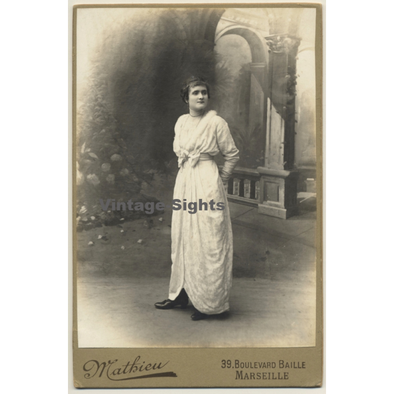 Mathieu / Marseille: Elegant Woman In Victorian Dress (Vintage Cabinet Card ~1900s/1910s)