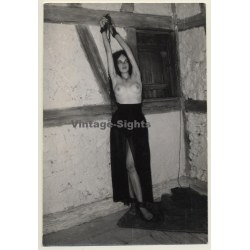 Topless Darkhaired Beauty Tied In Dungeon / Foot Cuffs - BDSM (Vintage Photo ~1960s)