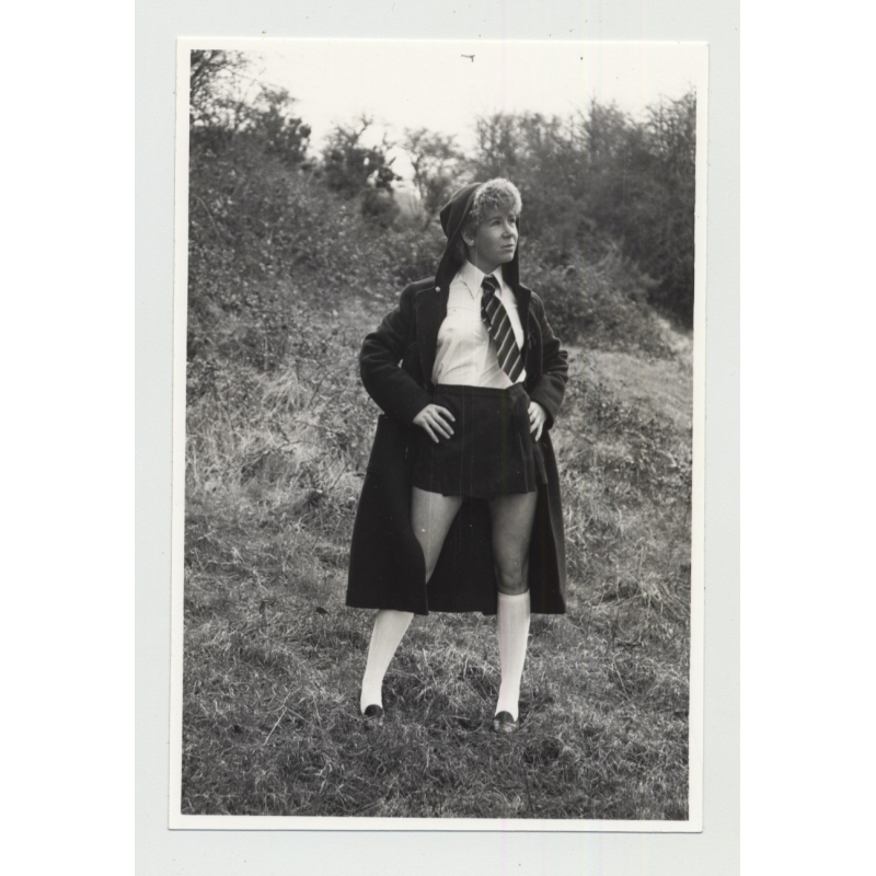 Perky Blonde Female In School Uniform / White Socks - Coat  (Vintage Amateur Photo B/W)