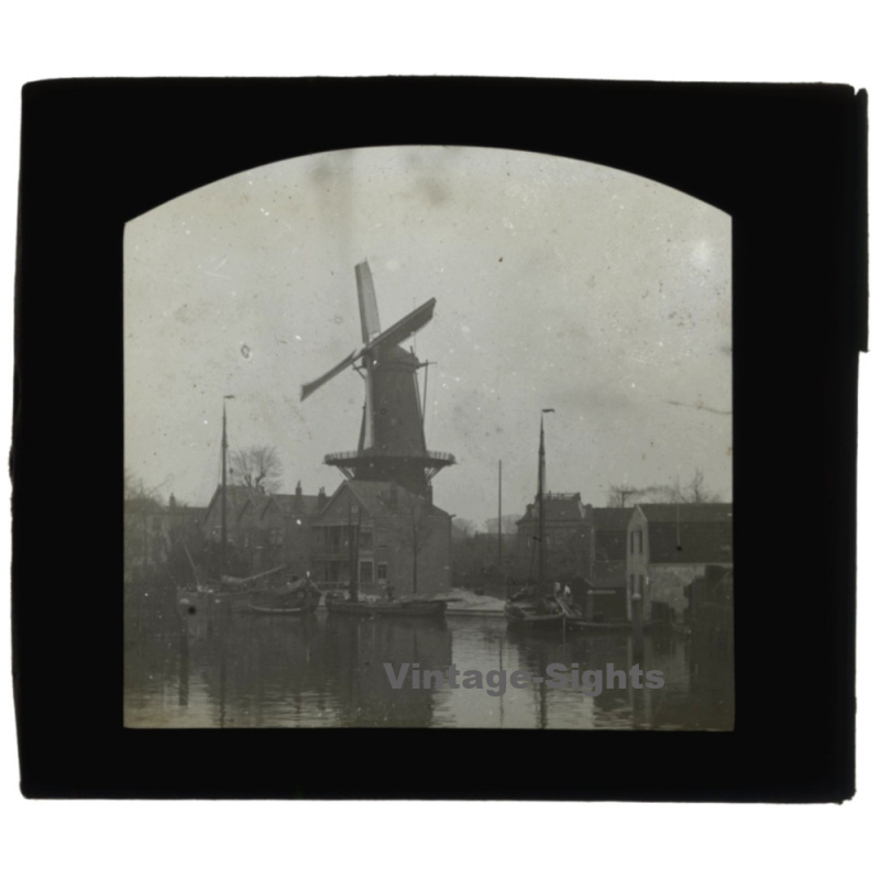 Netherlands: Windmill / Dutch Barges (Vintage Glass Dia Positive 1910s)
