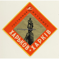 Kharkiv - Charkow / Ukraine: Hotel Intourist - Lenin Statue (Vintage Luggage Label)