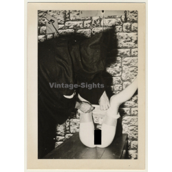 Hooded Master & Semi Nude Maid In Dungeon / BDSM (Vintage RPPC ~1960s)