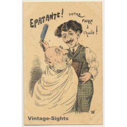 Epatante! Votre Pierre À L'Huile! / Hairdresser Cartoon (Vintage PC 1910s/1920s)
