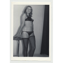Funny Chubby Blonde Pinup In Fishnets / Small Boobs - Lingerie (Vintage Amateur Photo 60s B/W)
