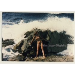 Nude Woman Leaning Against Rocks / Surf - Waves (Vintage Photo ~1980s)
