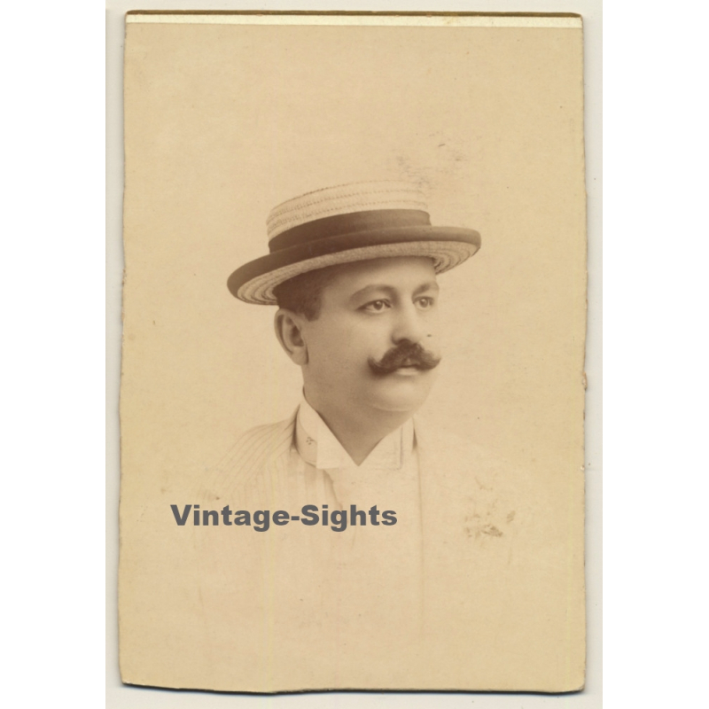 Numa Blanc Fils / Cannes: Portrait Of Elegant Man With Straw Hat / Moustache (Vintage Cabinet Card ~1880s)