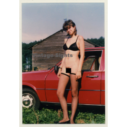 Natural Slim Semi Nude In Front Of Audi 80 *2 / Fishnets (Vintage Photo Germany ~1990s)