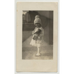 Sweet Little Girl & Teddy Bear / Knit Hat & Costume (Vintage Photo ~1940s)
