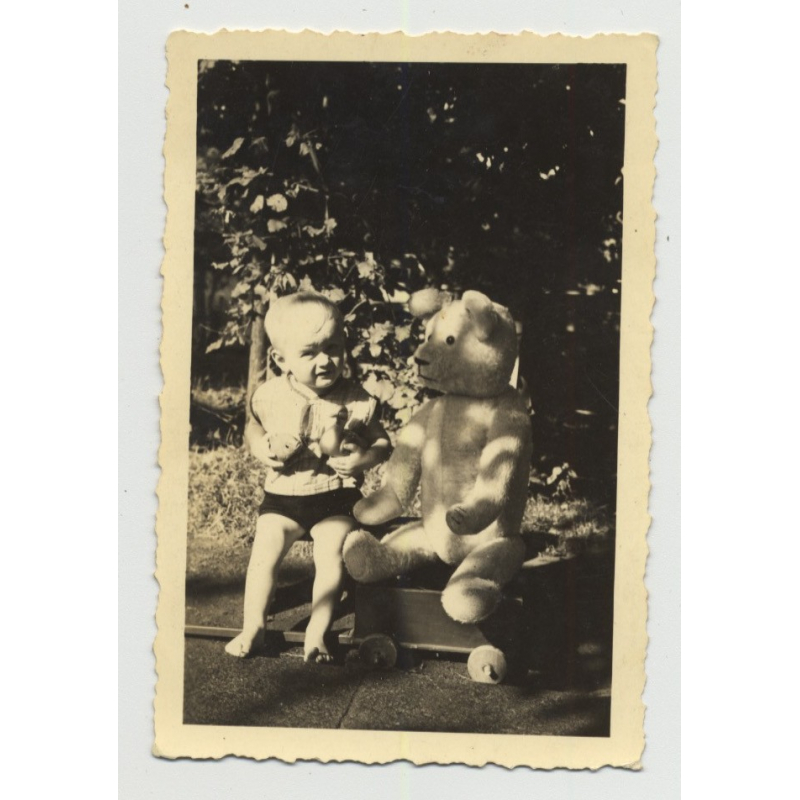 Baby & Teddy Bear Out In Garden: Who's Bigger? (Vintage Photo ~1940s/50s)