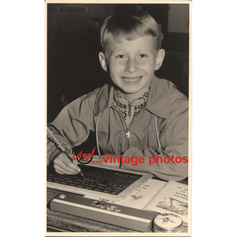 Smiling German School Boy With Blackboard (Vintage Photo 1950s)